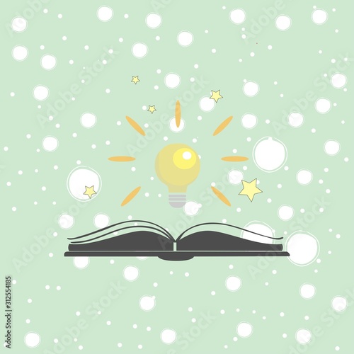 Open book vector icon with shining bulb over it