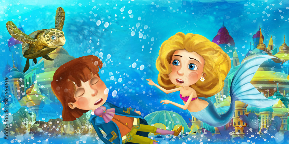 Cartoon ocean and the mermaid in underwater kingdom swimming and having fun with fishes looking on drowning man prince - illustration for children Cartoon ocean and the mermaid in underwater kingdom swimming and having fun with fishes looking on drowning man prince - illustration for children
