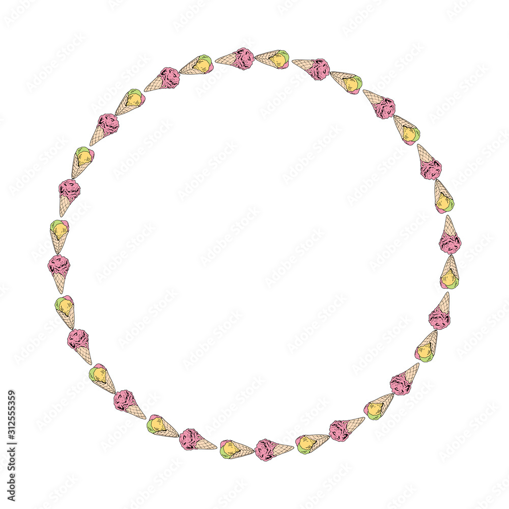 Round frame with two horizontal ice cream. Isolated wreath on white background for your design. Round frame with two horizontal ice cream. Isolated wreath on white background for your design.