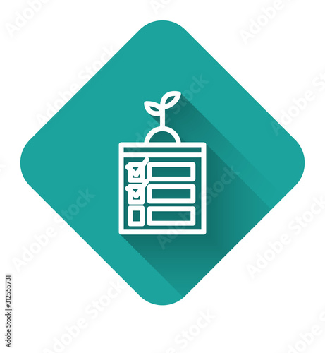 White line Smart farming technology - timer farm automation system in app icon isolated with long shadow. Green square button. Vector Illustration