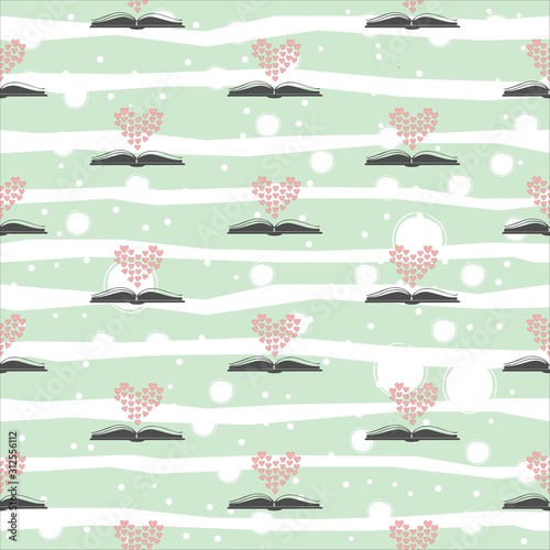 Seamless pattern with open romance genre book and heart above it