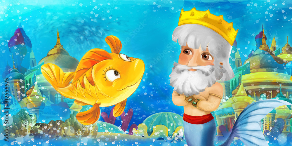 Fototapeta premium Cartoon ocean and the mermaid king in underwater kingdom swimming and having fun with fishes - illustration for children