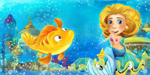 Fototapeta Naklejka Na Ścianę i Meble -  Cartoon ocean and the mermaid princess in underwater kingdom swimming and having fun with fishes - illustration for children