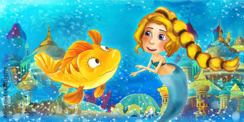 Fototapeta Naklejka Na Ścianę i Meble -  Cartoon ocean and the mermaid princess in underwater kingdom swimming and having fun with fishes - illustration for children