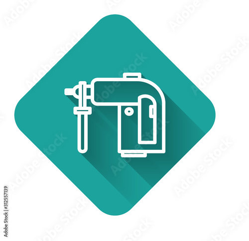 White line Electric rotary hammer drill machine icon isolated with long shadow. Working tool for construction, finishing, repair work. Green square button. Vector Illustration