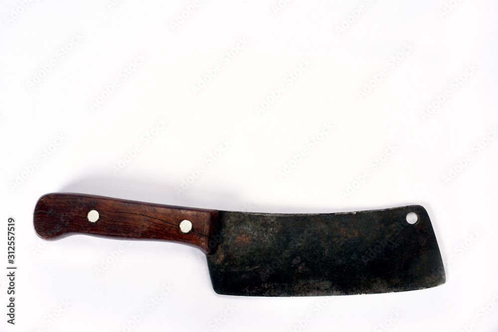 used old cleaver with wooden handle on white background used old cleaver with wooden handle on white background