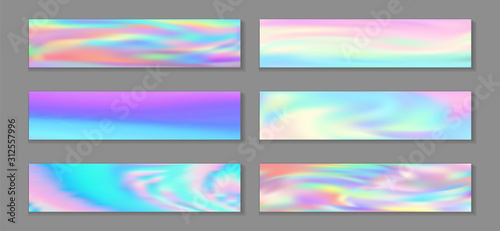 Neon holo luminous banner horizontal fluid gradient princess backgrounds vector set. Kawaii 