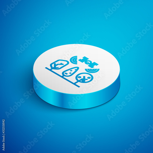 Isometric line Smart farm with drone control and tree icon isolated on blue background. Innovation technology for agricultural company. White circle button. Vector Illustration