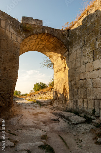 Orta Kapu gates of fortification wall in Chufut-Kale  medieval cave settlement of Crimean Karaites  Crimea