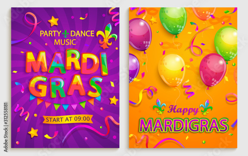 Set of flyers for mardigras carnival party.Confetti,balloons,flags for holiday.Mardi gras festive,carnaval.Party,dance,music on fesival,masquerade,parade.Template for design invitation banners.Vector