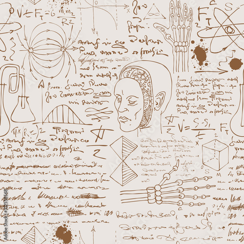 vector image of a seamless texture background in the style of sketches from the diary of a scientist inventor with formulas and notes