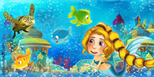 Cartoon ocean and the mermaid in underwater kingdom swimming and having fun with fishes - illustration for children