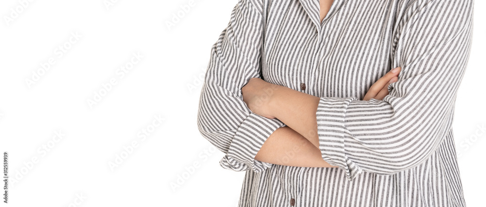 Woman wearing striped shirt folded arms make the sign or symbol of thinking something to make decision or act like confident and agreement with isolated background. Woman wearing striped shirt folded arms make the sign or symbol of thinking something to make decision or act like confident and agreement with isolated background.