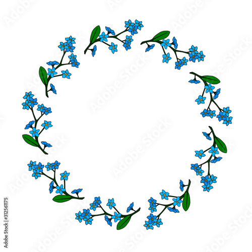 Round frame with  horizontal  blue flowers forget-me-not. Isolated wreath on white background for your design.