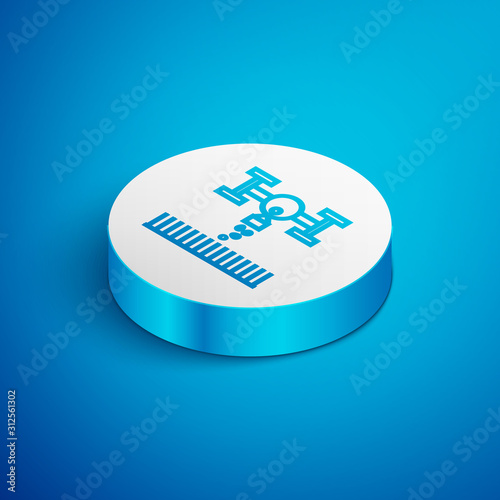 Isometric line Smart farm with drone control for seed planting icon isolated on blue background. Innovation technology for agricultural company. White circle button. Vector Illustration