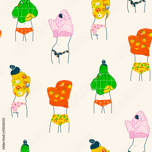Set of young women in colorful panties and bright sweaters. Lady Putting on or taking off a sweater. Clothes with Various prints. Hand drawn vector fashion illustration. Seamless pattern. Wallpaper
