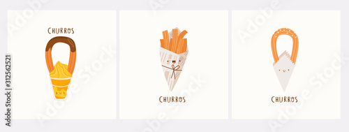 Various types of tasty churros. Traditional spanish food. Fried dough. Tejeringos. Hand drawn colored trendy vector illustration. Cartoon style. Flat design. Pre-made cards photo