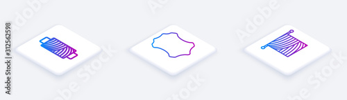 Set Isometric line Sewing thread on spool, Leather and Knitting. White square button. Vector