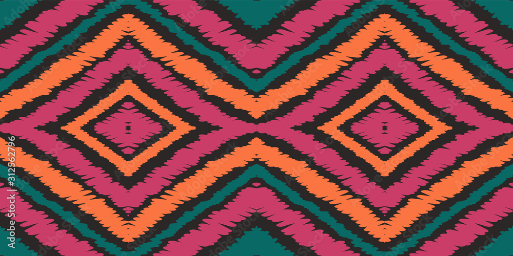 Cold Tie Dye Vector Seamless Pattern. Indian Abstract Tribal Background. Surf Retro Chevron Background. Psychedelic Texture.