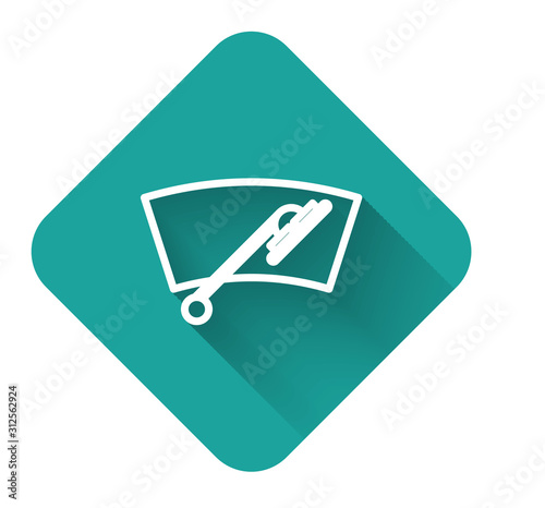 White line Windscreen wiper icon isolated with long shadow. Green square button. Vector Illustration