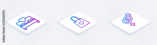 Set Isometric line Bedroom, Shopping bag with heart and Gender. White square button. Vector