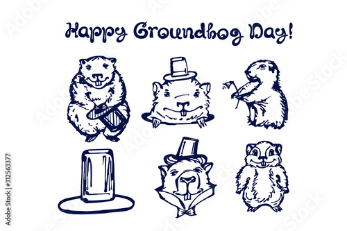 Hand drawn winter set with groundhogs and handwritten text