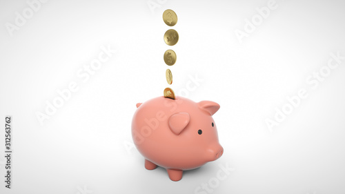3d render of gold coin falling into a piggy bank. Piggy bank with coins money cash isolated on white background. Icon piggy bank, concept of saving money. Pig money box icon.