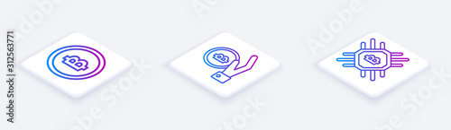 Set Isometric line Cryptocurrency coin Bitcoin, Hand holding Bitcoin and CPU mining farm. White square button. Vector