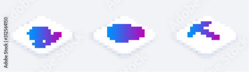 Set Isometric line Hand holding Bitcoin, Globe and cryptocurrency coin Bitcoin and Pickaxe. White square button. Vector