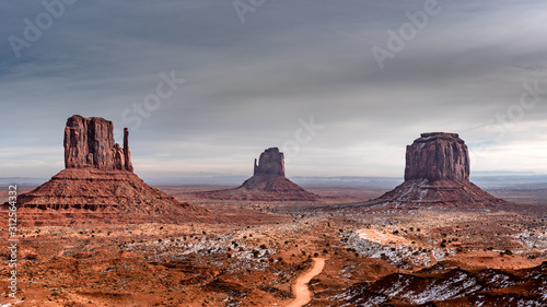 Panorama of 10 images of the majestic monument valley covered in snow