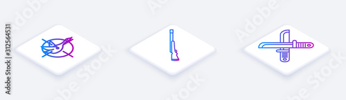 Set Isometric line Hunt on duck with crosshairs, Hunting gun and Crossed hunter knife. White square button. Vector