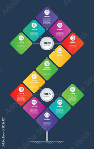 Business presentation or vertical infographics with 13 steps. Template of development tree. Technology or education process. Annual report is segmented into thirteen parts. Zigzag of success. Vector.