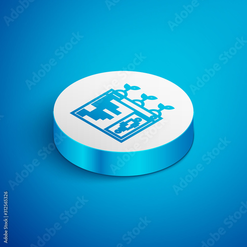Isometric line Smart farming technology - farm automation system in app icon isolated on blue background. White circle button. Vector Illustration