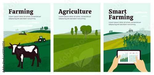 Set of banners with agriculture, livestock, combine harvester, cow in pasture. Illustration of smart farming of control by tablet. Landscape cornfield and tractor. Backgrounds for poster, flyer, web.