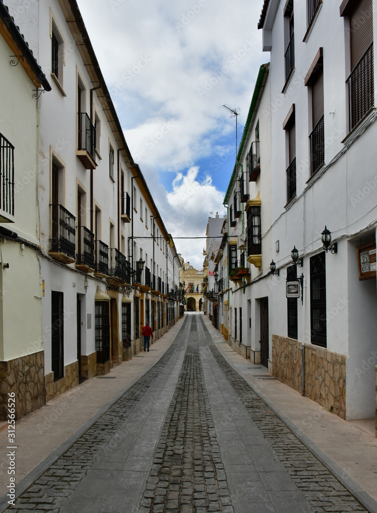 Narrow street with white painted houses in the old town of Ronda, Andalusia, Spain
