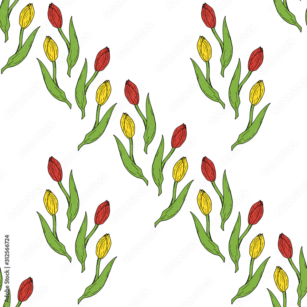 Seamless background of drawing red and yellow tulips. Endless pattern with flowers for your design. Seamless background of drawing red and yellow tulips. Endless pattern with flowers for your design.