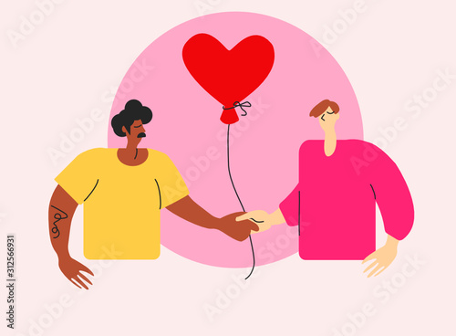 Cute bright illustration of queer gay couple on St Valentine’s Day. Interracial LGBT men in love with red heart air balloon. Young boyfriends together on special day on greeting card