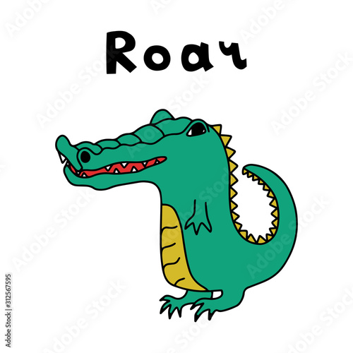 Color vector illustration in doodle style. Dinosaur or crocodile