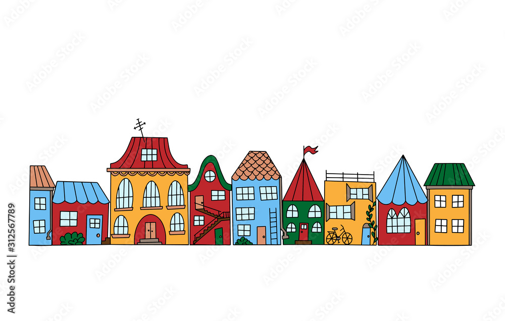 Color vector illustration. Set of houses in doodle style. Street with simple cute little houses. Illustration for children. Can use for coloring book. Object is hand-drawn and isolated on white