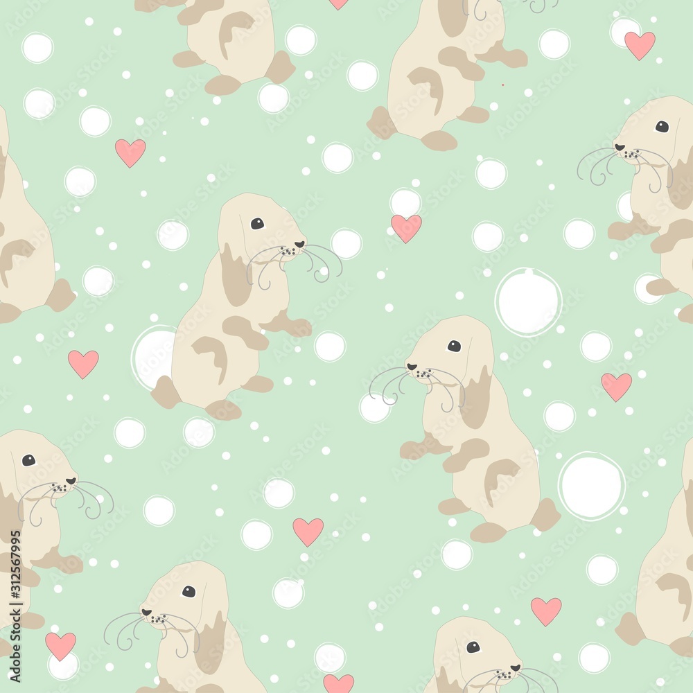Cute seamless pattern with bunny on back feet and hearts. Cute seamless pattern with bunny on back feet and hearts.