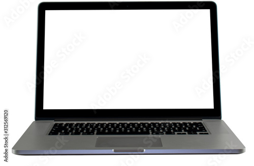 Modern looking laptop notebook with blank white screen for copy space. Isolated on white background. Metallic silver color body and glassy black color screen frame.