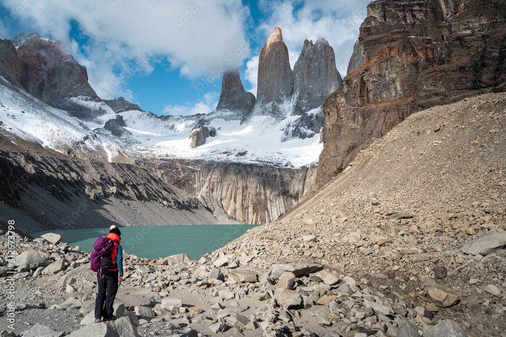 Hiker at Mirador Las Torres in Torres del Paine National Park, Patagonia, Chile, South America