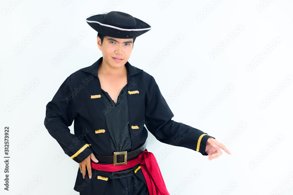 Young adult South East Asian wearing pirate costume with white background..