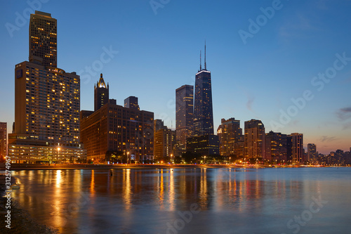 Chicago Skyline at blue hour  Chicago  Illinois  United States