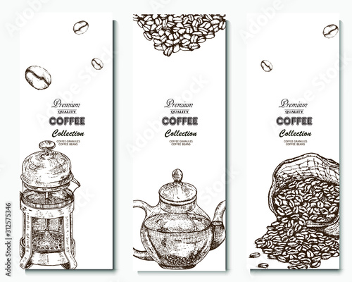 Coffee illustration. Hand drawn vector banner. Coffee beans, branch, sugar, 