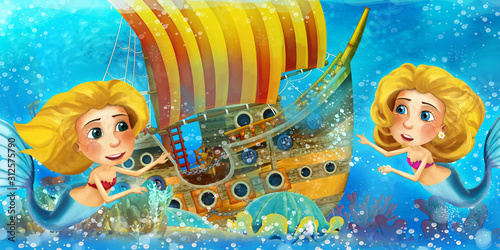 Cartoon ocean scene and the mermaid princess in underwater kingdom swimming and having fun near the sunken pirate ship - illustration for children