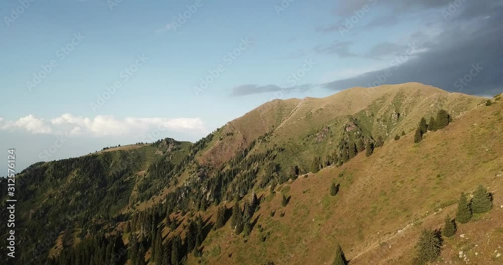 Aerial view. Drone fly over mountains in summer time. Beautiful mountain landscape. Alpine meadows at sunny day. Aerial view. Drone fly over mountains in summer time. Beautiful mountain landscape. Alpine meadows at sunny day.