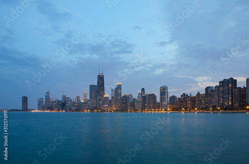 Chicago Skyline at blue hour  seen from the North beach  Chicago  Illinois  United States