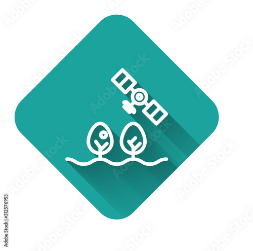 White line Smart farm with drone control and tree icon isolated with long shadow. Innovation technology for agricultural company. Green square button. Vector Illustration
