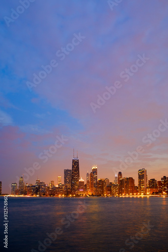 Chicago Skyline at blue hour, seen from the North beach, Chicago, Illinois, United States